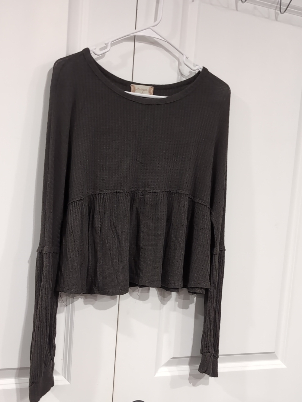 Altar'd State Dark Charcoal Green Waffle Peplum Long Sleeve Top